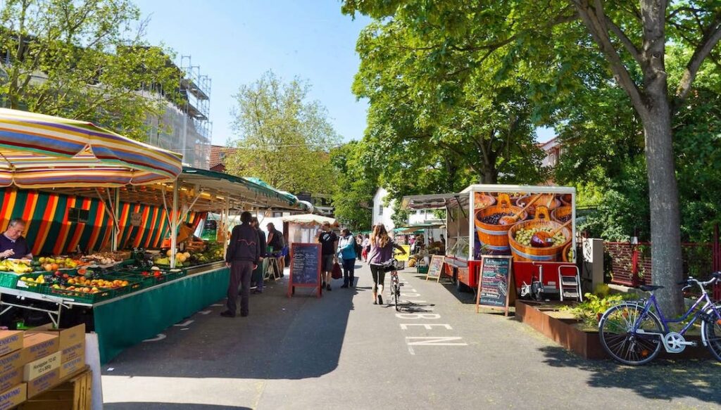 Market stands at the farmers market in Göttingen in Germany